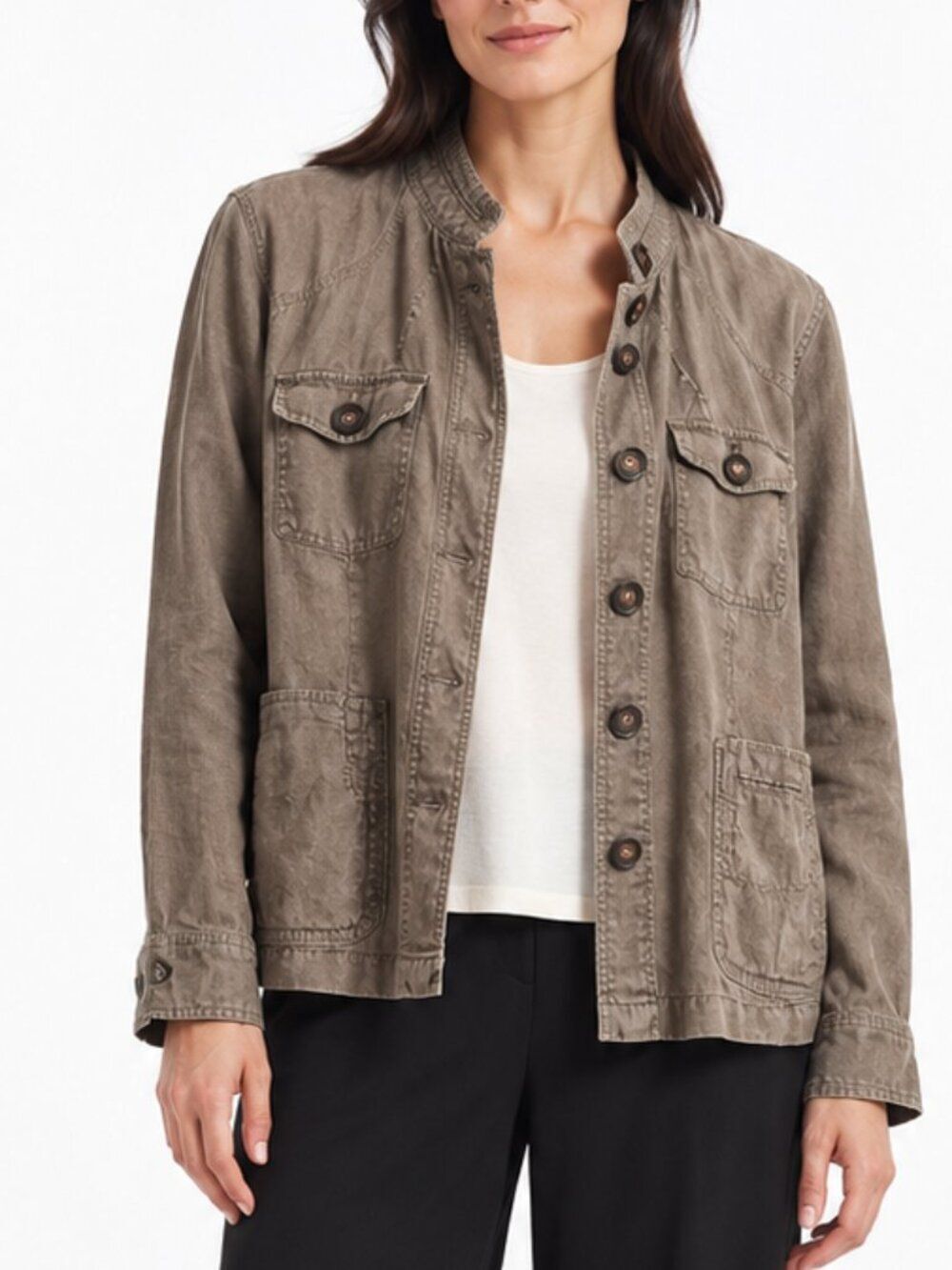 Relativity 100% Linen Olive Brown Utility Jacket XL Button Front Safari Pockets